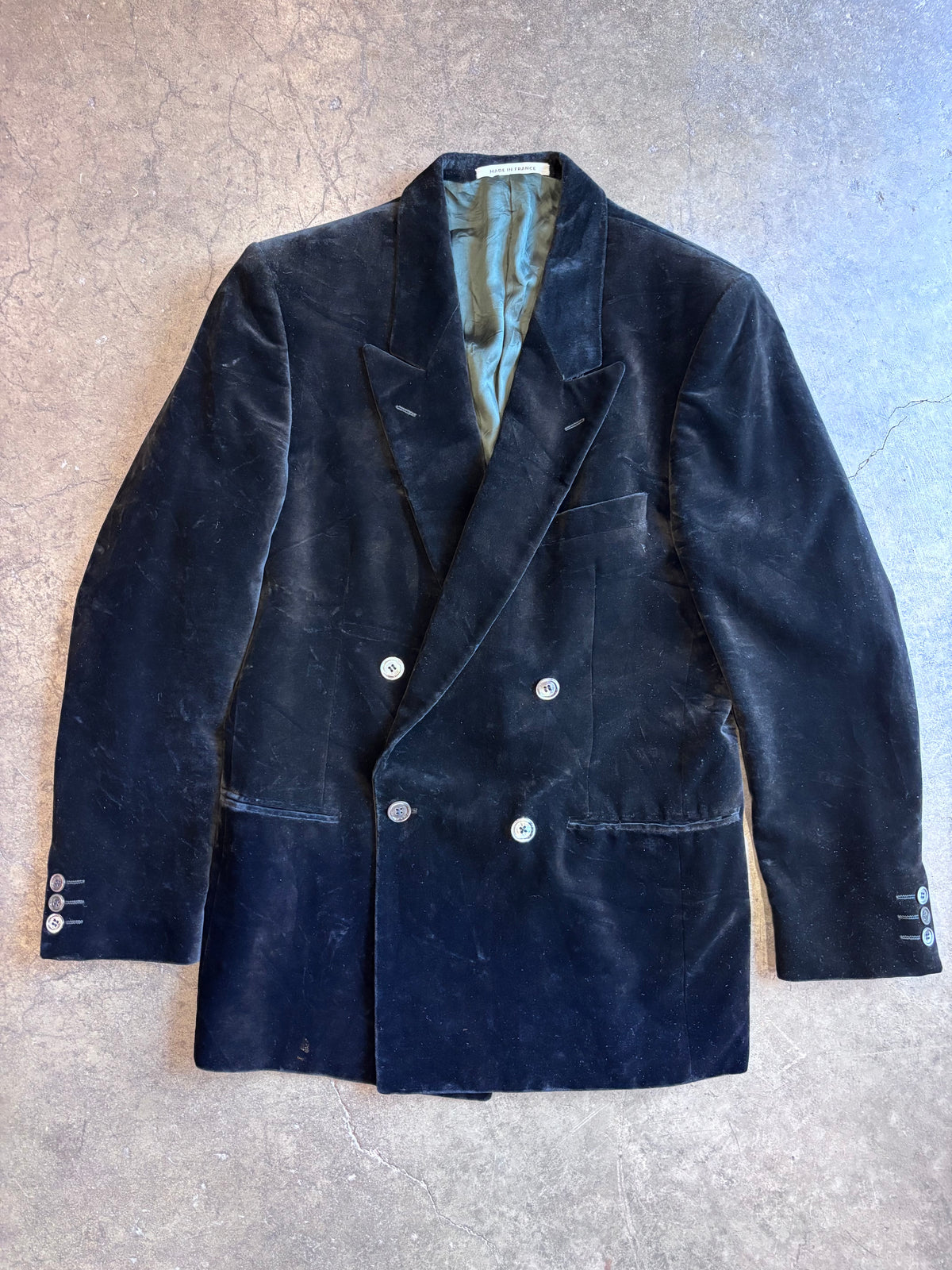 Vintage 1970s YVES SAINT LAURENT MENSWEAR Black Velvet Double-Breasted Blazer Coat Sz. S/M