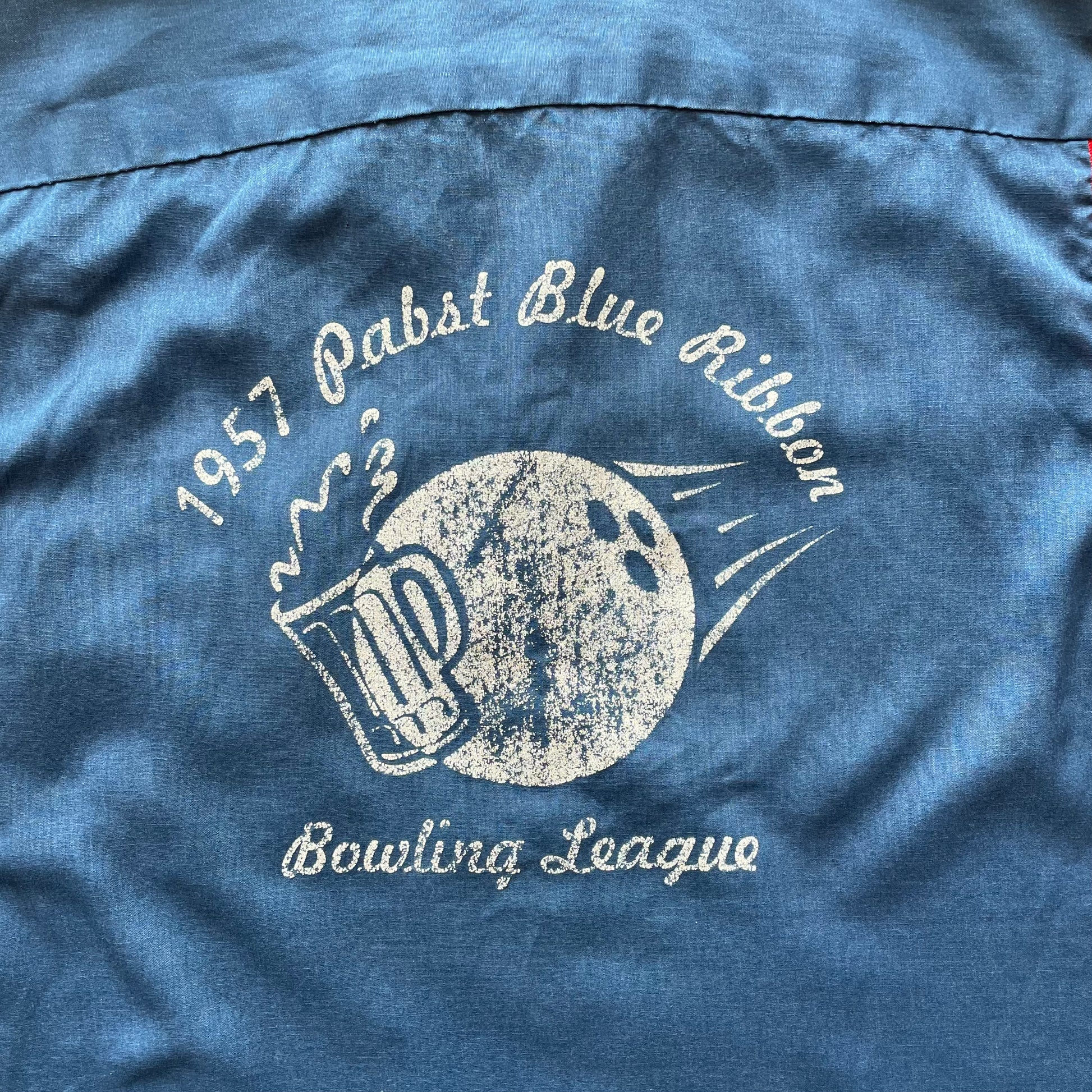 1990s HILTON "Pabst Blue Ribbon PBR" Blue Bowling Shirt Sz. L | Made in USA