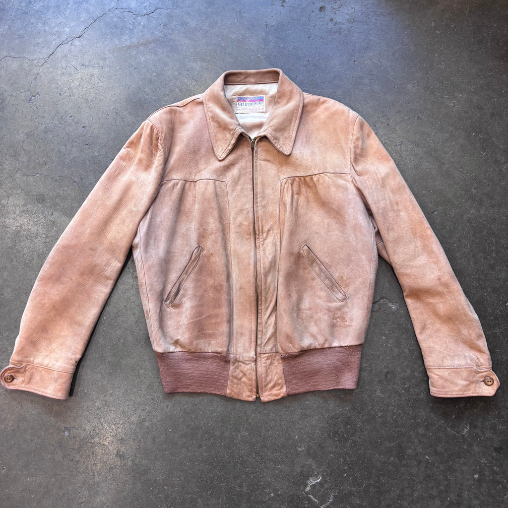 1950s CALIFORNIA SPORTSWEAR Light Brown Suede Leather Zip-Up Bomber Jacket Sz. L | Made in USA