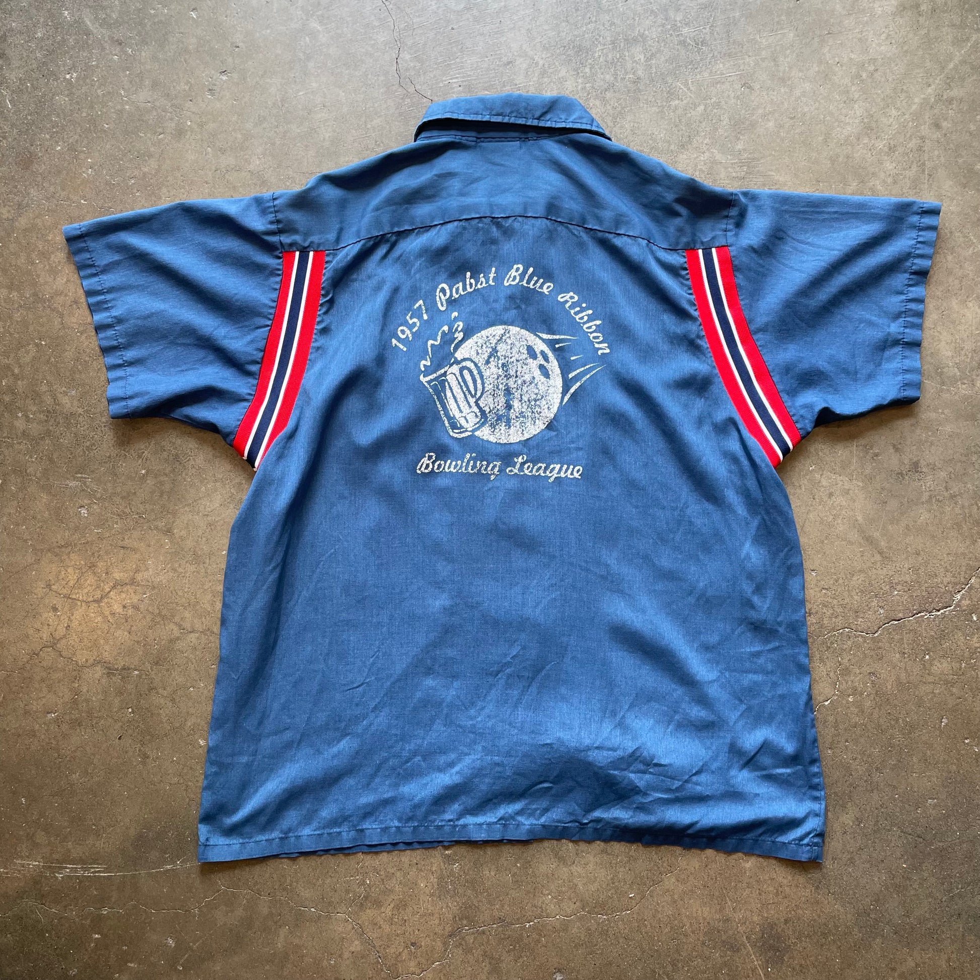 1990s HILTON "Pabst Blue Ribbon PBR" Blue Bowling Shirt Sz. L | Made in USA