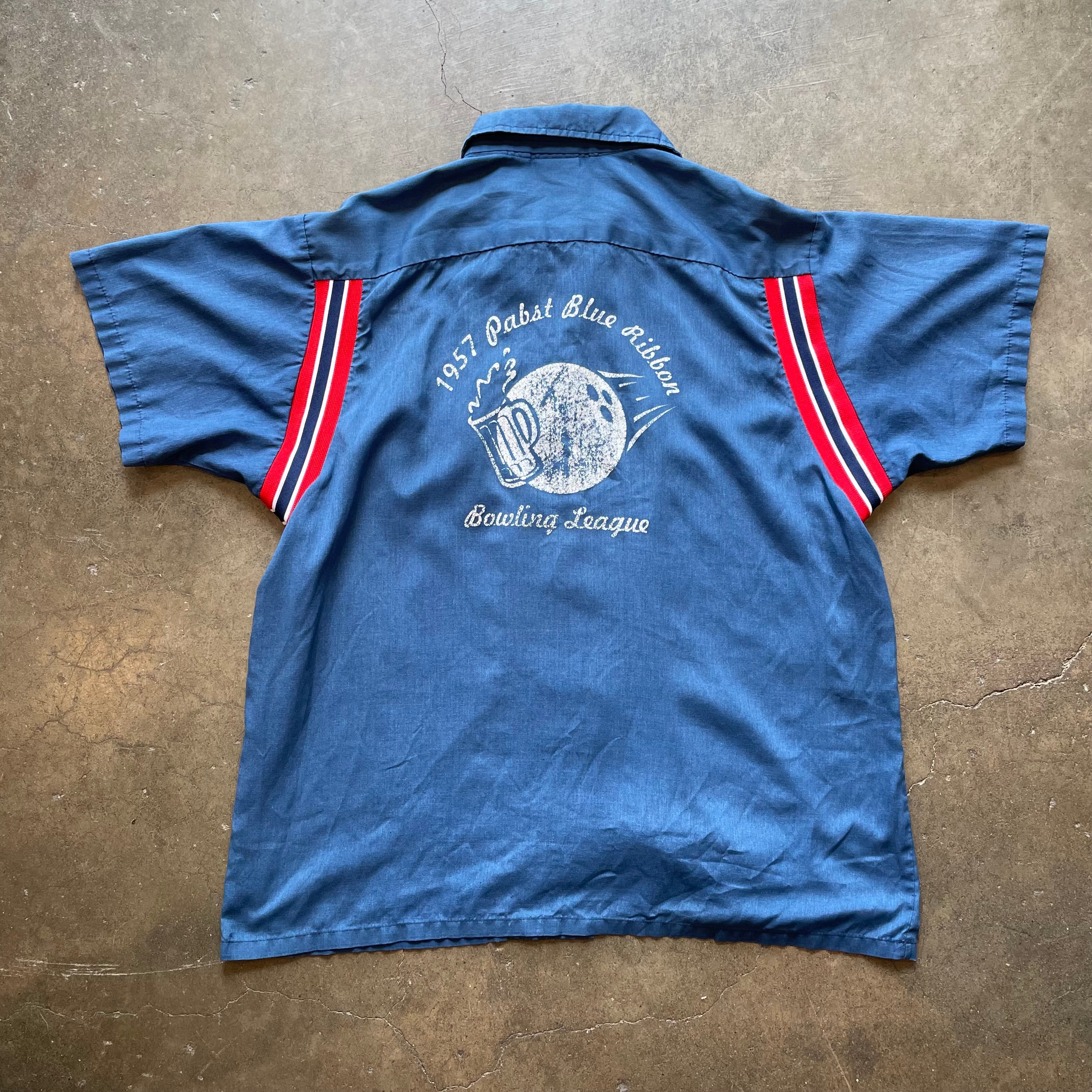 1990s HILTON "Pabst Blue Ribbon PBR" Blue Bowling Shirt Sz. L | Made in USA