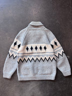 Vintage 1960s Cream/Grey Cowichan Knitted Wool Zip-Up Sweater Sz. XL