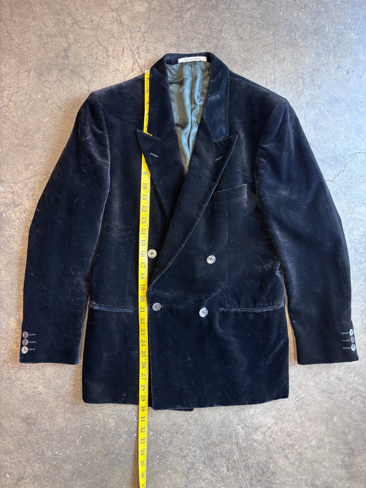 Vintage 1970s YVES SAINT LAURENT MENSWEAR Black Velvet Double-Breasted Blazer Coat Sz. S/M