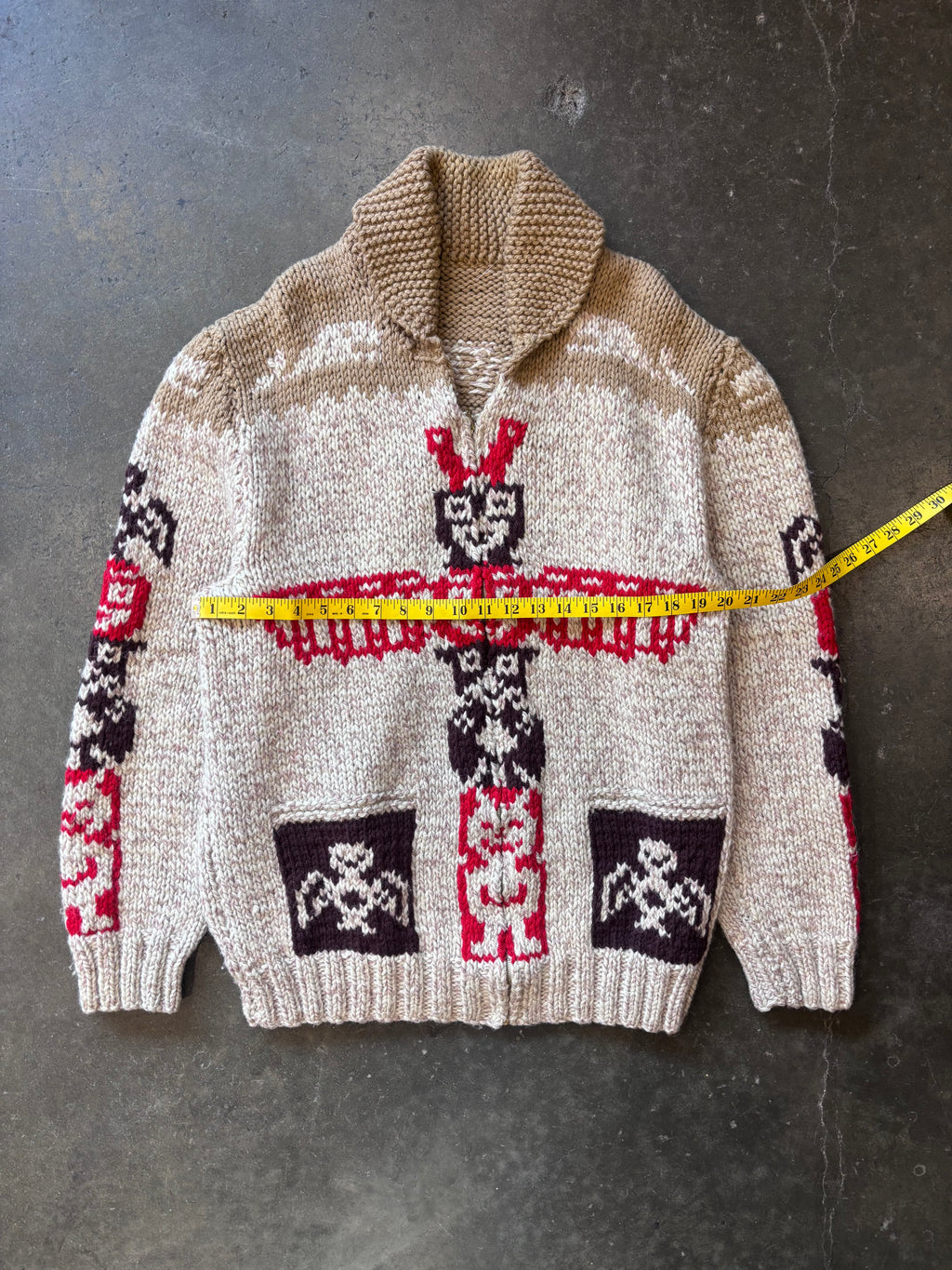 Vintage 1960s Totem Pole Cowichan Knitted Wool Zip-Up Sweater Sz. 2XL