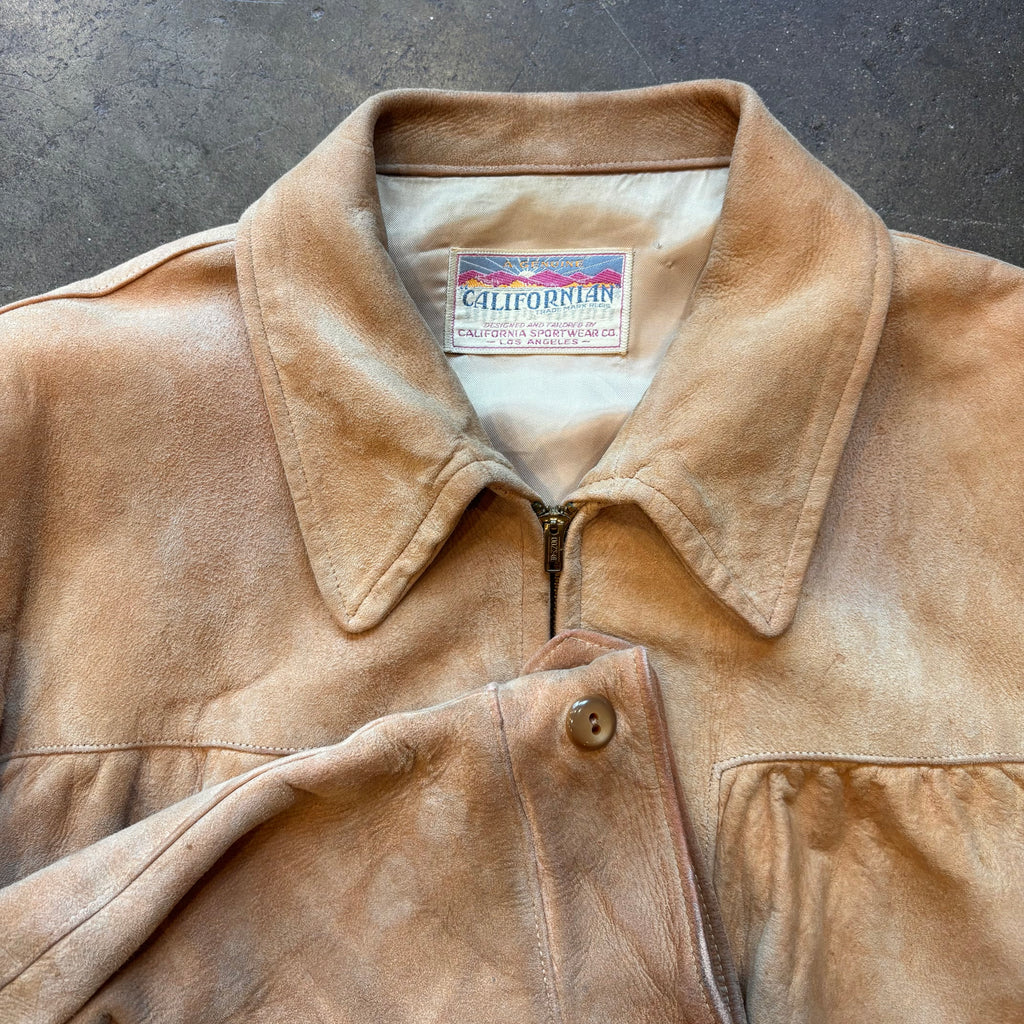 1950s CALIFORNIA SPORTSWEAR Light Brown Suede Leather Zip-Up Bomber Jacket Sz. L | Made in USA