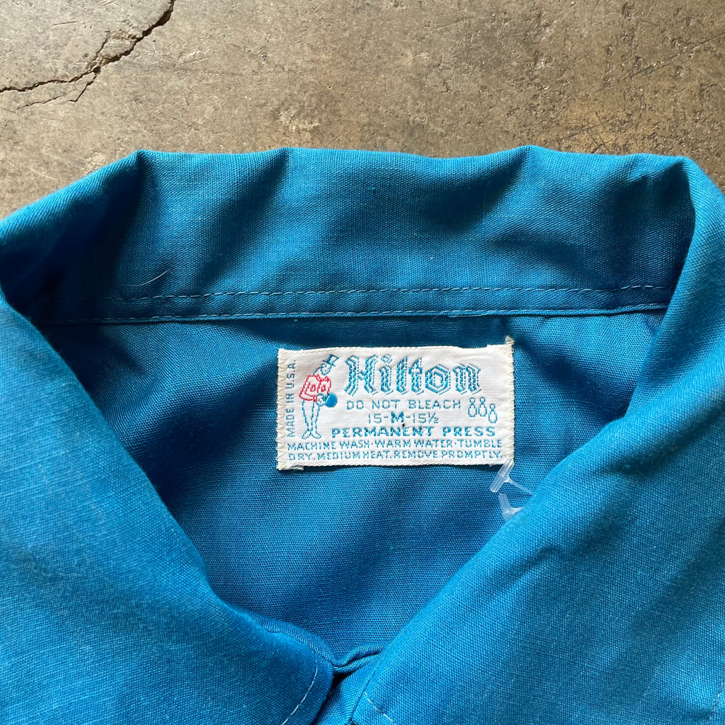 1970s HILTON  "Artistic Beauty Salon" Blue Bowling Shirt Sz. M | Made in USA