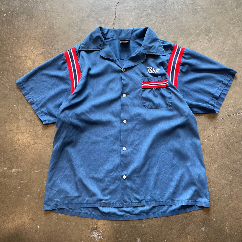 1990s HILTON "Pabst Blue Ribbon PBR" Blue Bowling Shirt Sz. L | Made in USA