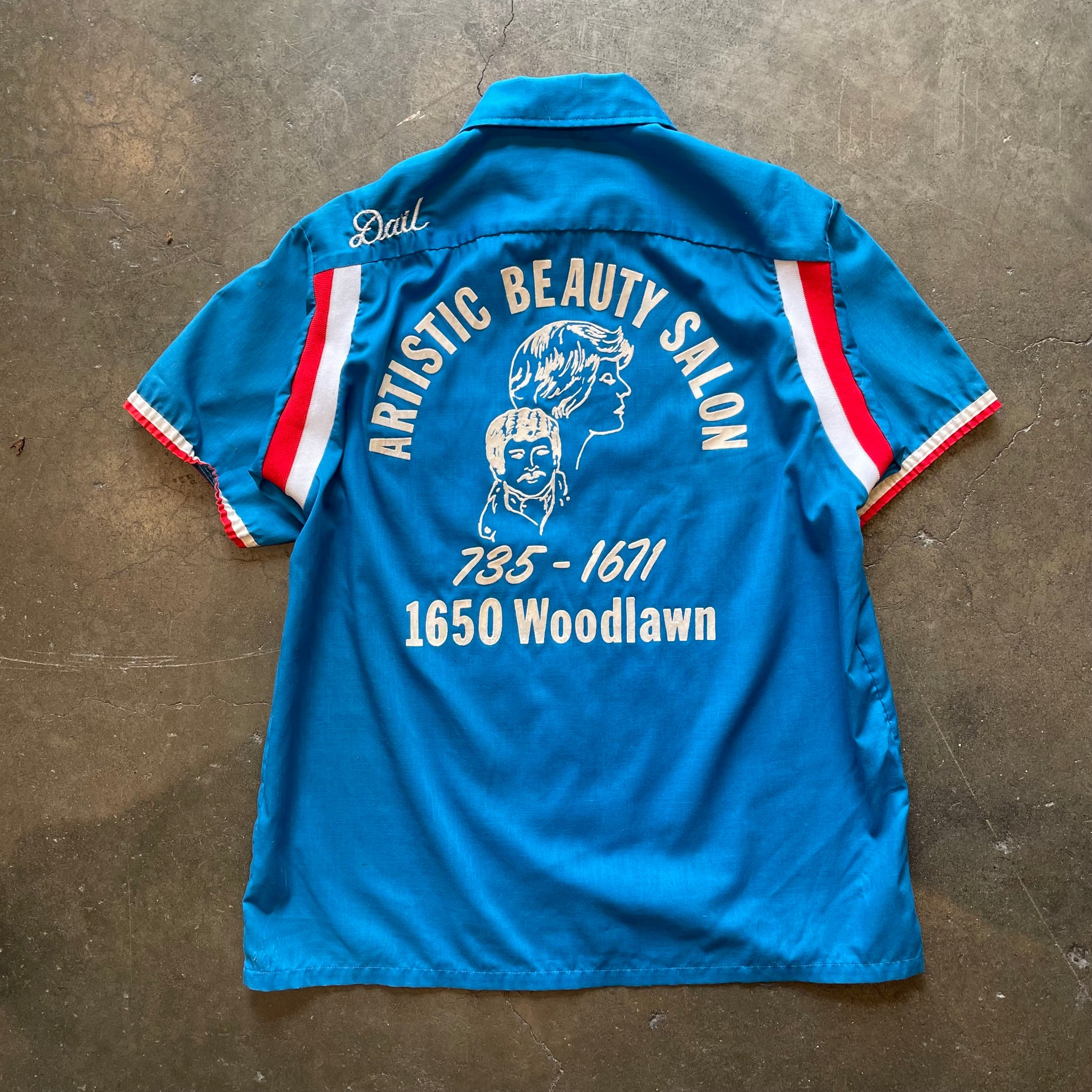 1970s HILTON  "Artistic Beauty Salon" Blue Bowling Shirt Sz. M | Made in USA