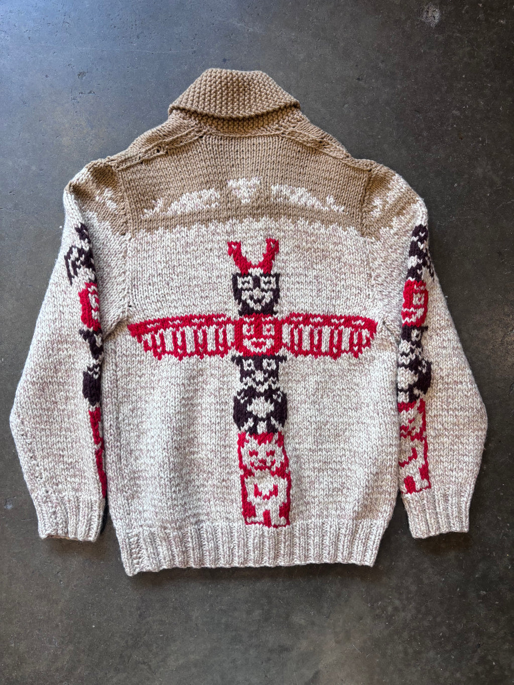 Vintage 1960s Totem Pole Cowichan Knitted Wool Zip-Up Sweater Sz. 2XL