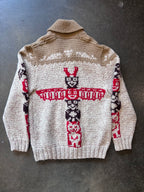 Vintage 1960s Totem Pole Cowichan Knitted Wool Zip-Up Sweater Sz. 2XL