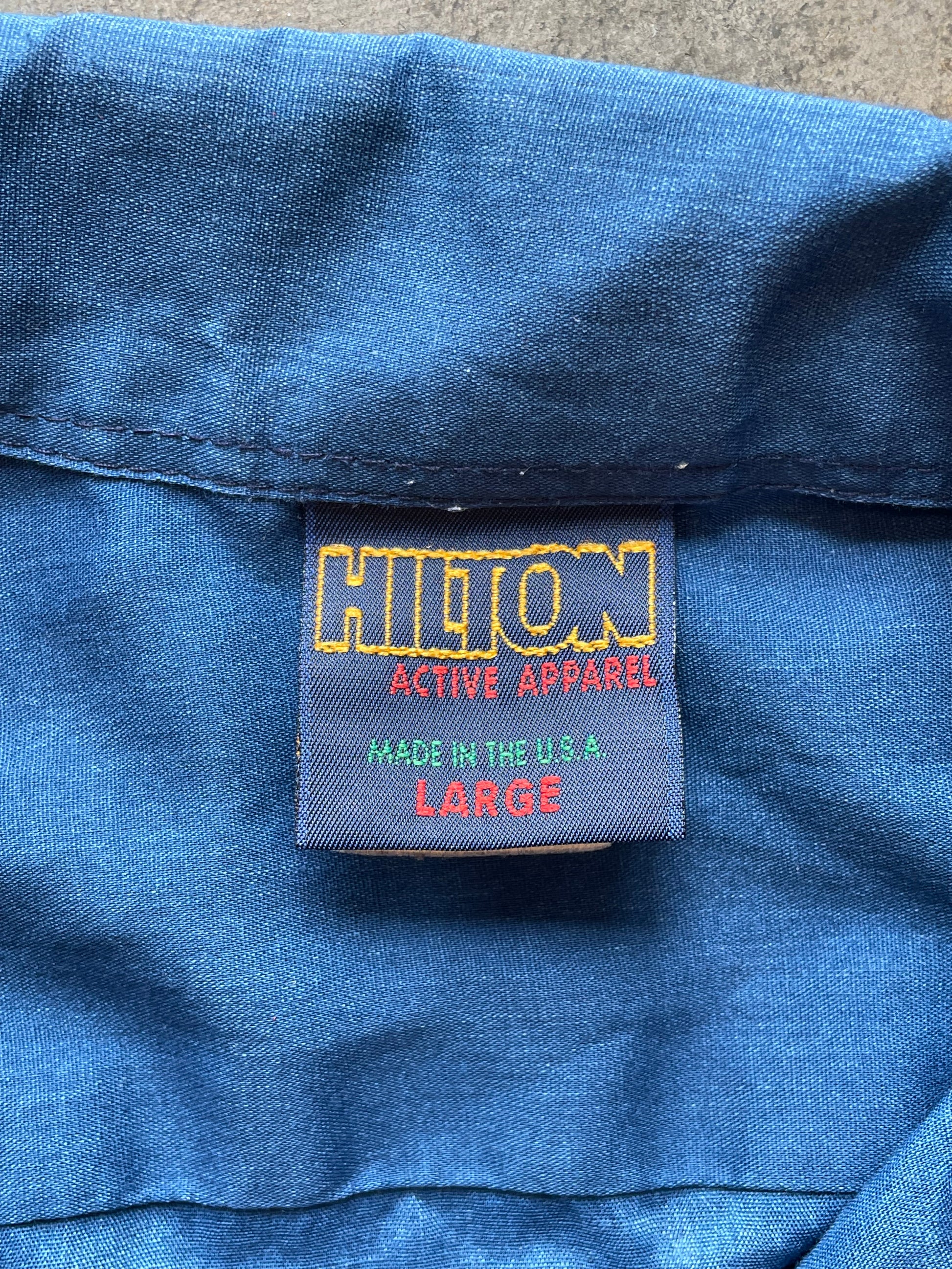 1990s HILTON "Pabst Blue Ribbon PBR" Blue Bowling Shirt Sz. L | Made in USA
