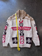 Vintage 1960s Totem Pole Cowichan Knitted Wool Zip-Up Sweater Sz. 2XL