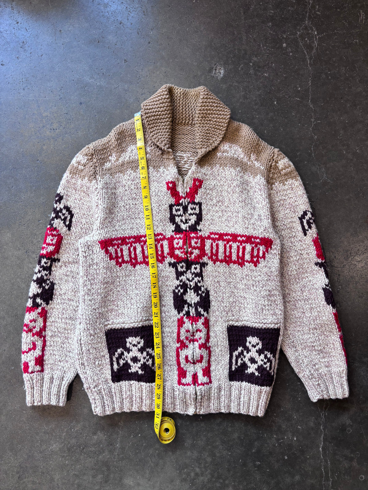 Vintage 1960s Totem Pole Cowichan Knitted Wool Zip-Up Sweater Sz. 2XL