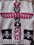 Vintage 1960s Totem Pole Cowichan Knitted Wool Zip-Up Sweater Sz. 2XL