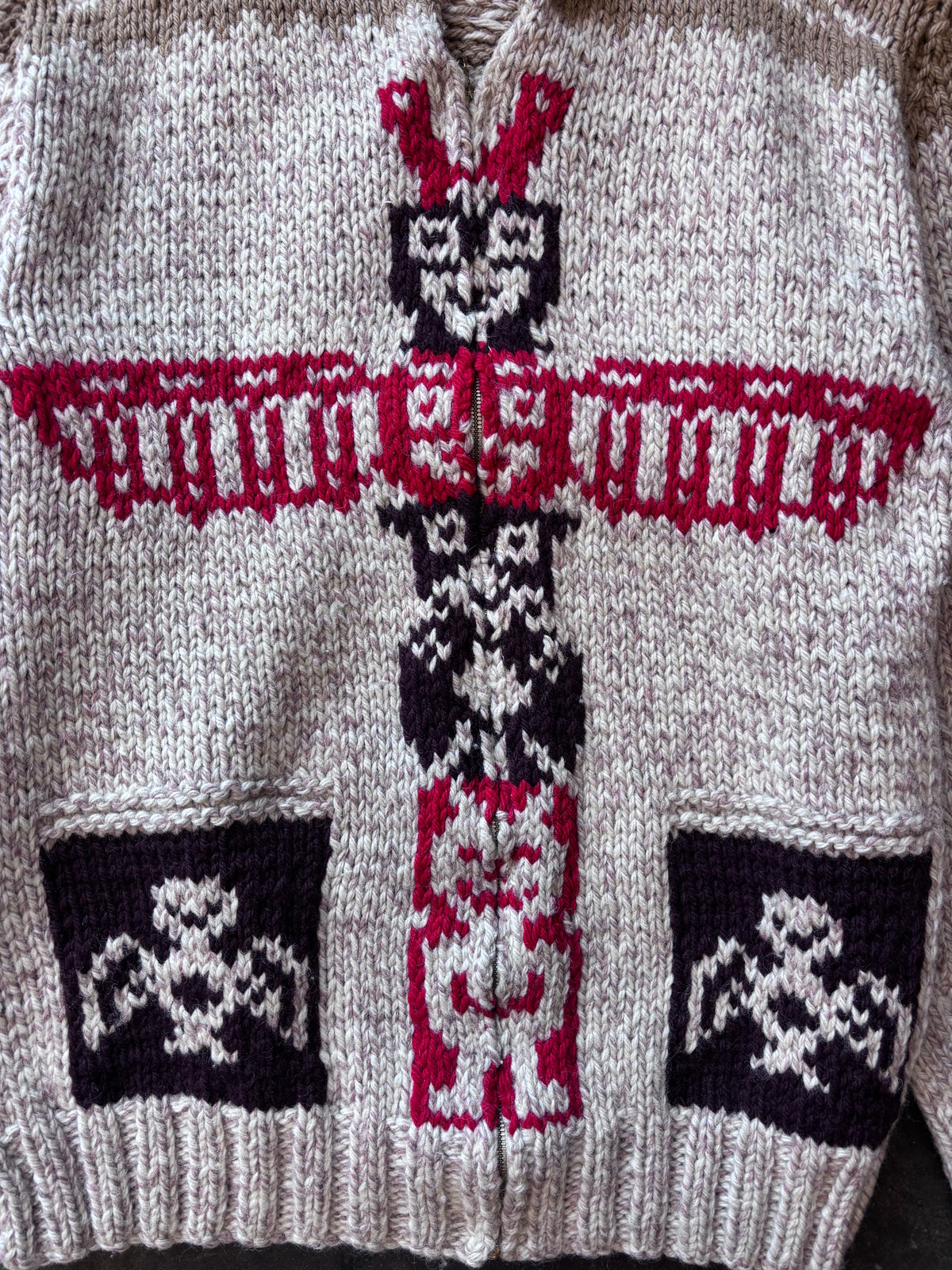Vintage 1960s Totem Pole Cowichan Knitted Wool Zip-Up Sweater Sz. 2XL