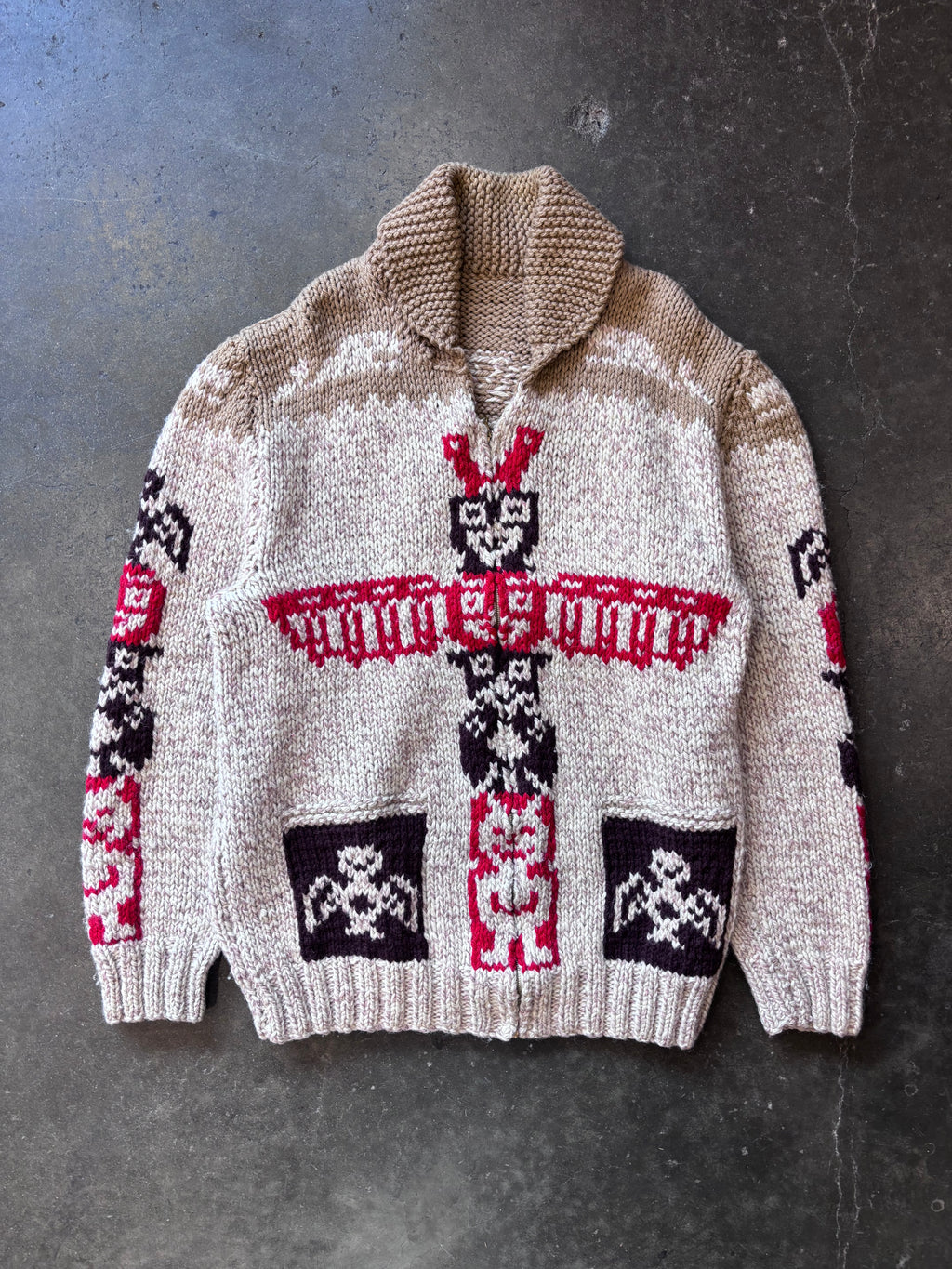 Vintage 1960s Totem Pole Cowichan Knitted Wool Zip-Up Sweater Sz. 2XL