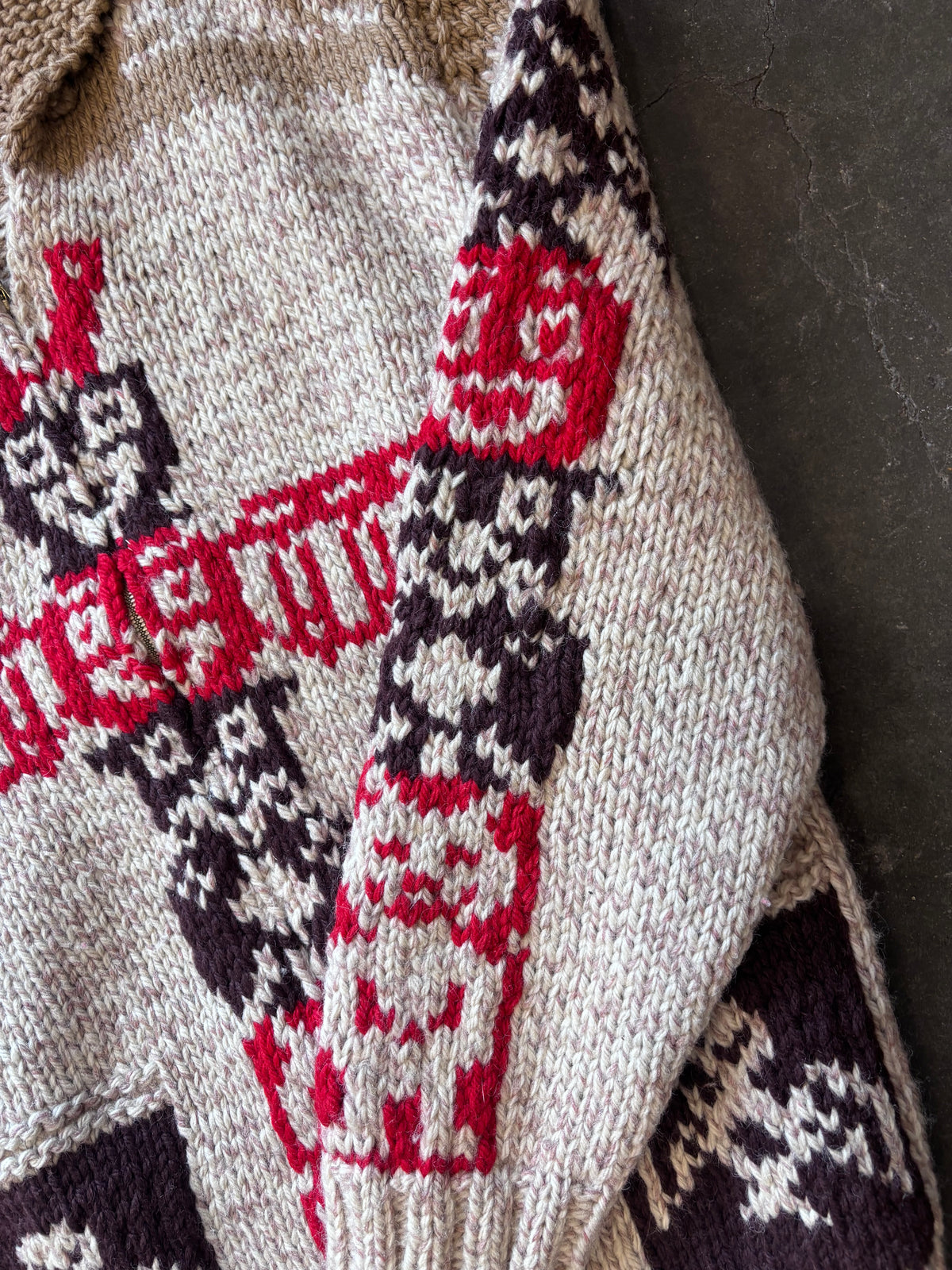 Vintage 1960s Totem Pole Cowichan Knitted Wool Zip-Up Sweater Sz. 2XL