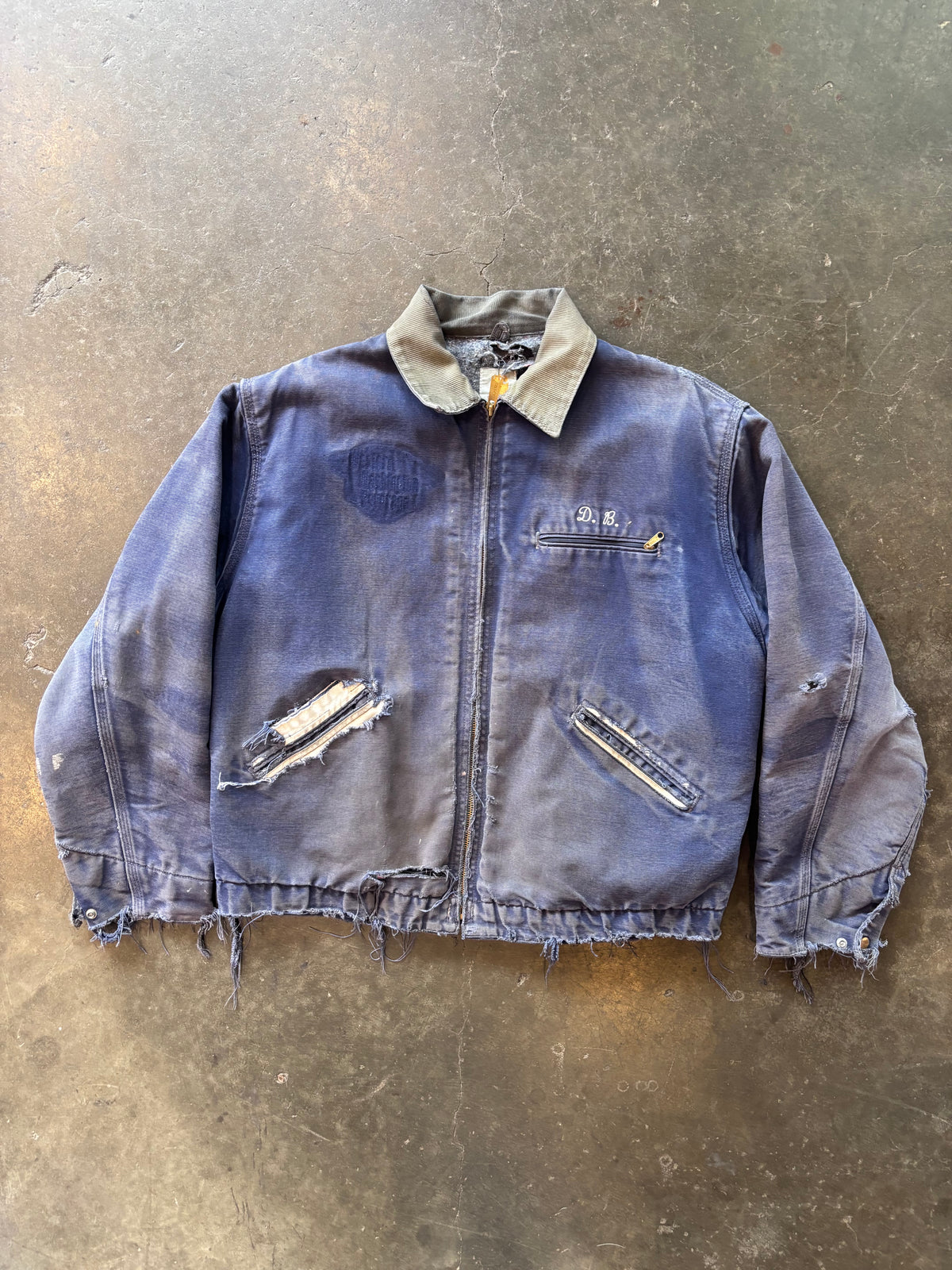 THRASHED | 1990s Navy Blue (NVY BLU) CARHARTT Detroit Jacket Sz. L