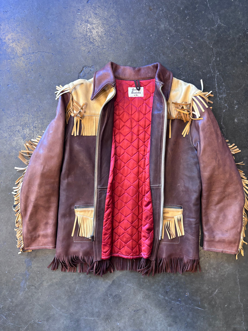 Vintage UBER OWATANNA Quilted 2-Tone Buckskin Leather Zip-Up Jacket Sz. M