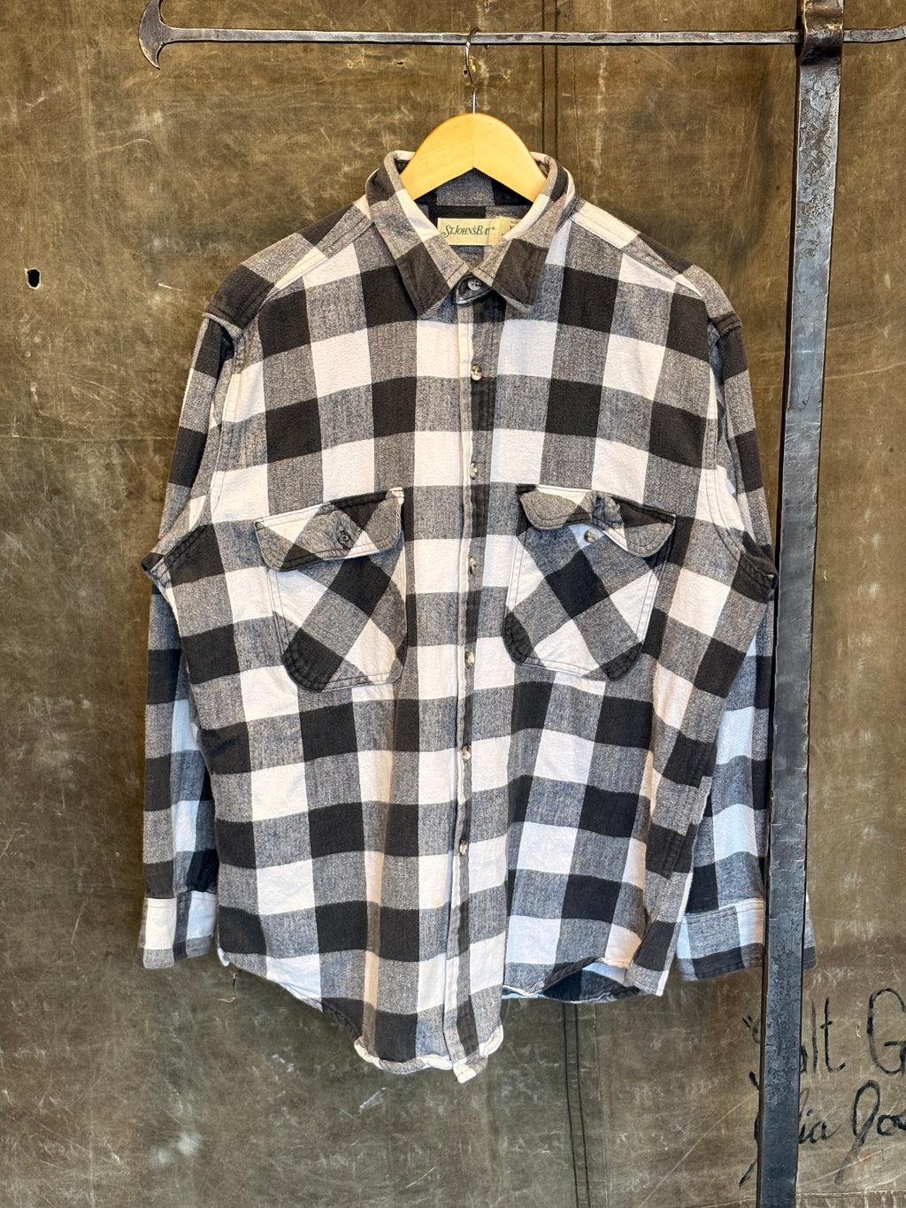 Vintage 1990s St. JOHN'S BAY Heavy B&W Plaid Cotton Flannel Sz. XL