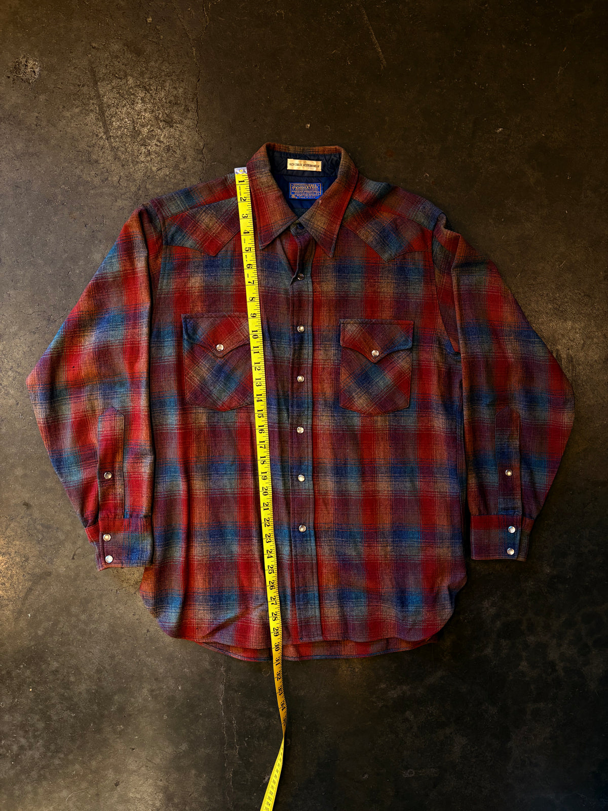 Vintage 1970s PENDLETON Ombre Plaid Pearl Snap Western Flannel Shirt Sz. L
