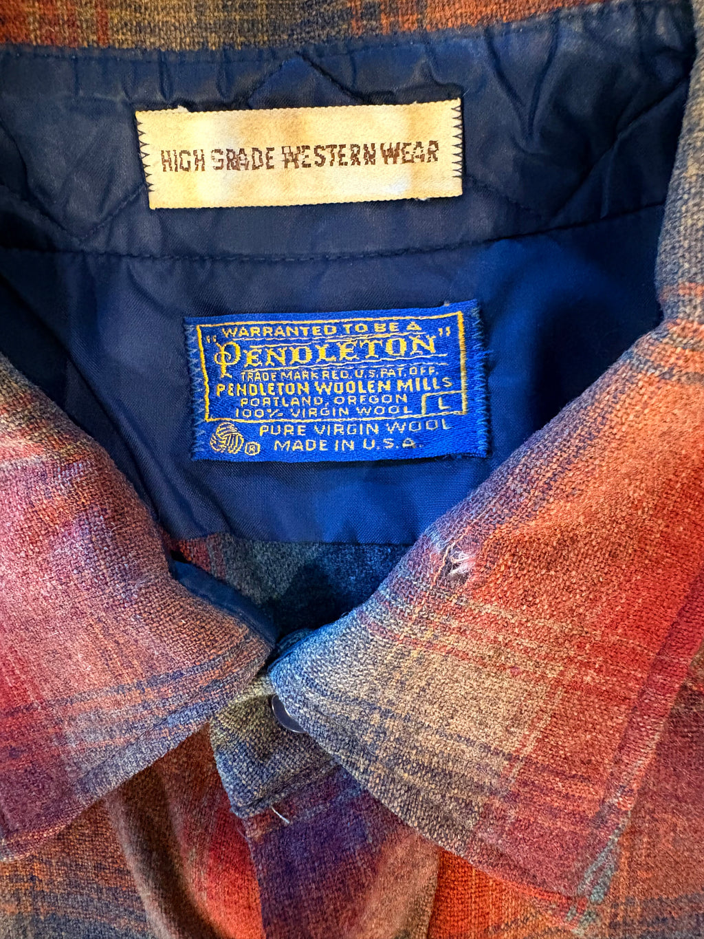 Vintage 1970s PENDLETON Ombre Plaid Pearl Snap Western Flannel Shirt Sz. L
