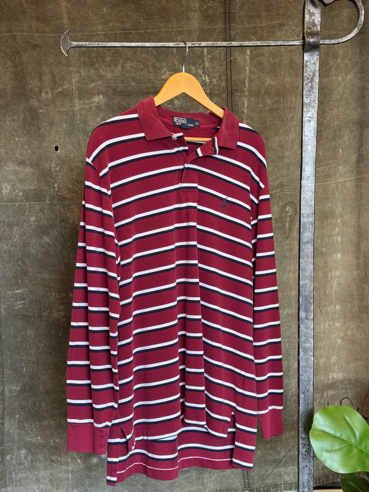 Vintage 1990s POLO RALPH LAUREN Striped Burgundy Shirt Sz. XL