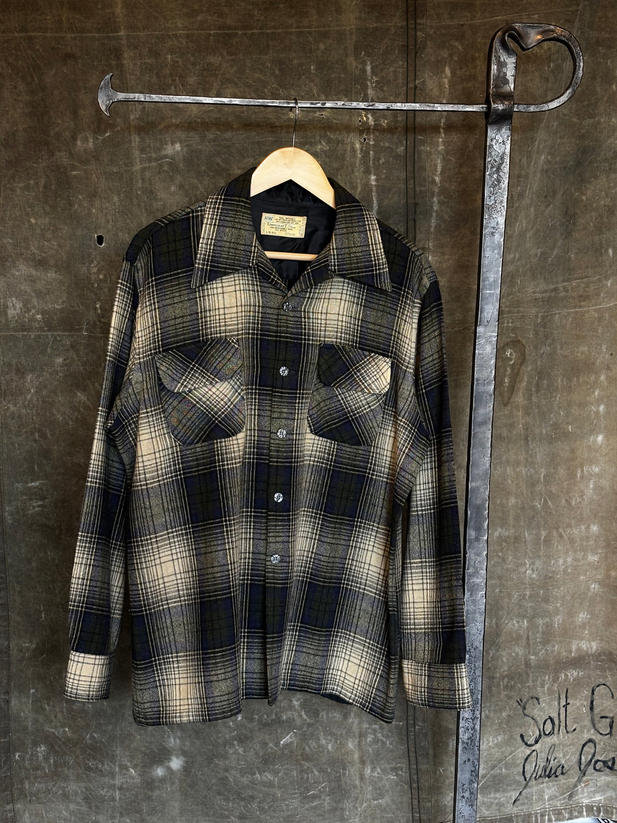 Vintage 1970s TOWNCRAFT Wool Shadow Plaid Board Shirt Sz L
