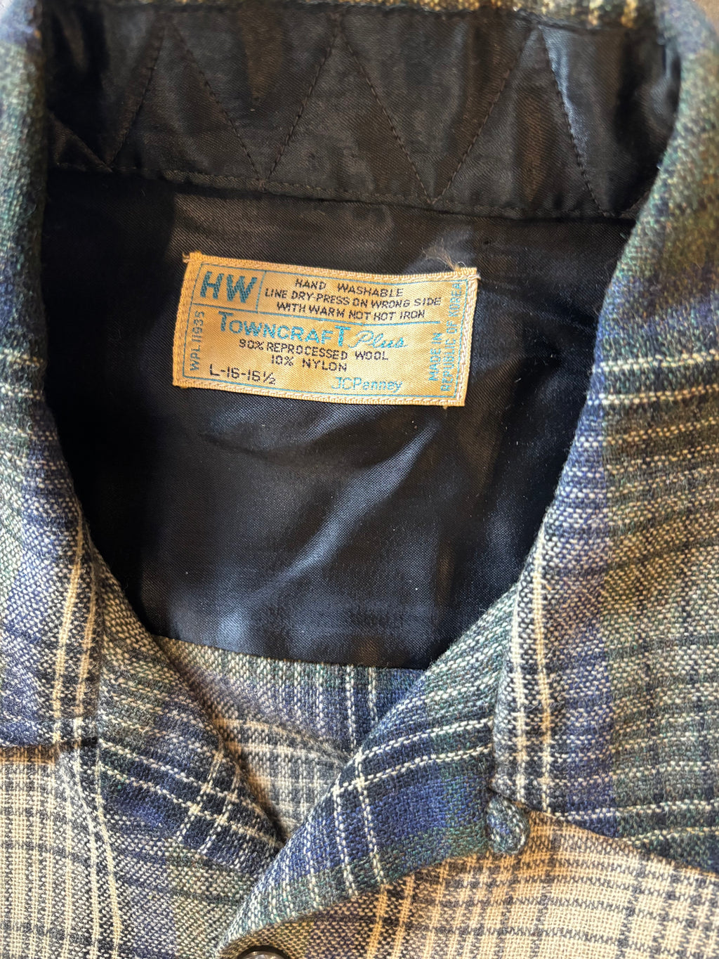 Vintage 1970s TOWNCRAFT Wool Shadow Plaid Board Shirt Sz L