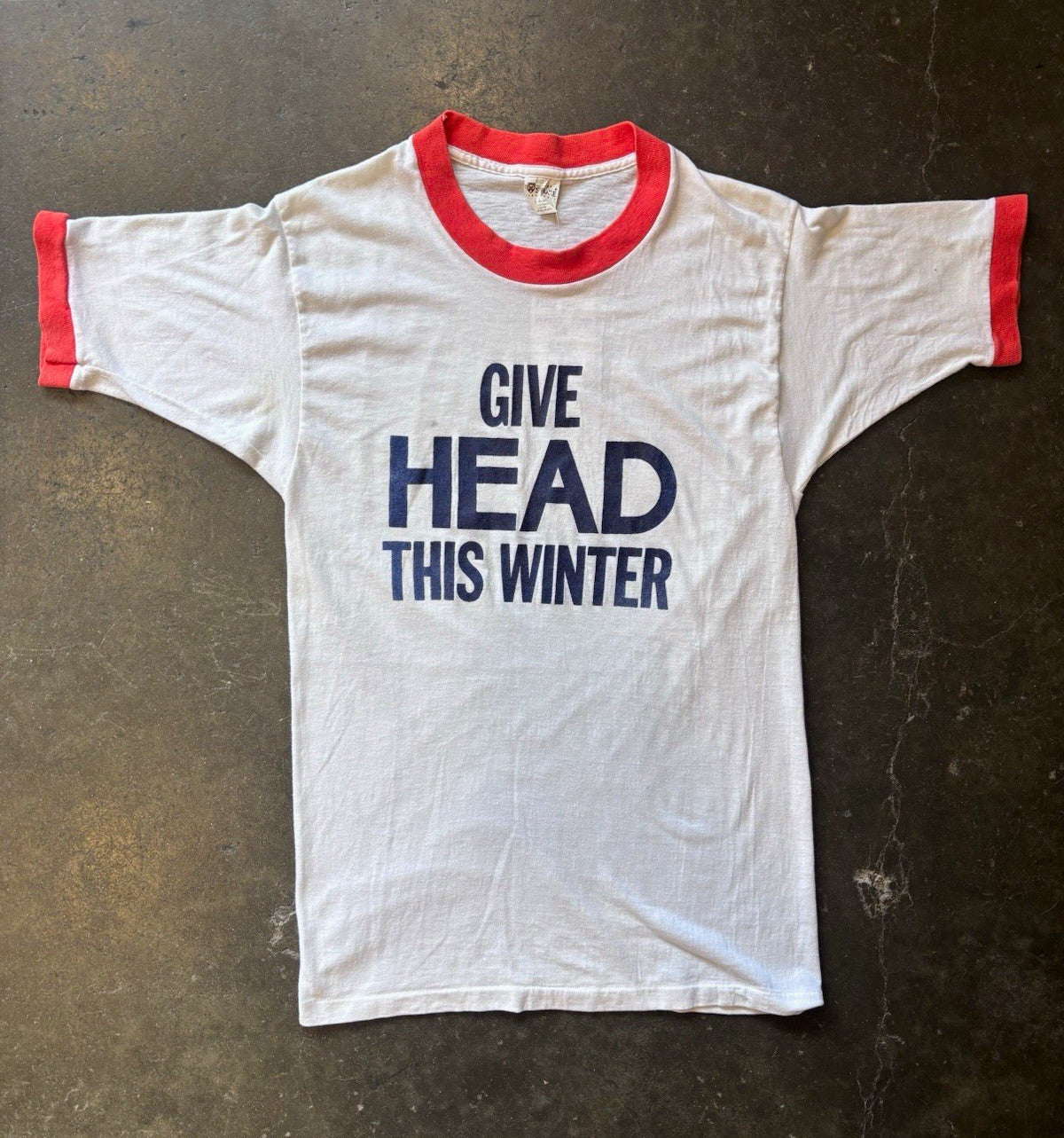 Vintage 70s “Give head this Winter”  Ringer Tee shirt 